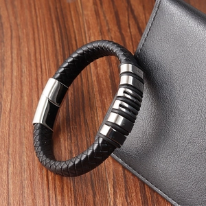 Braided black leather bracelet for men with silver stainless steel magnetic clasp and ring