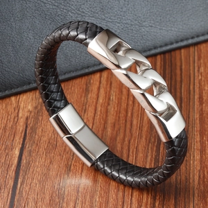 Men's black braided leather bracelet with silver cuban chain and magnetic clasp