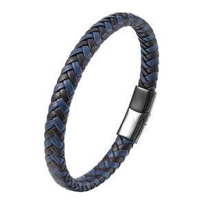 Bracelet pour homme en cuir tressé bleu et noir avec fermoir en acier poli brillant