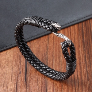 Bracelet pour homme en cuir tressé noir avec fermoir tête de serpent en argent