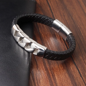 Men's hip hop braided leather bracelet with stainless steel chain and magnetic clasp