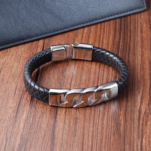 Men's hip hop braided leather bracelet with silver polished metal chain link buckle