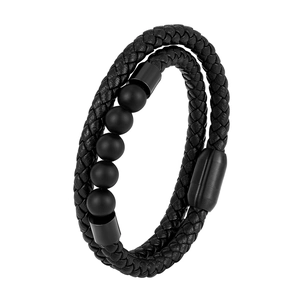 Men's double-layer black braided leather bracelet with volcanic stone beads and magnetic clasp