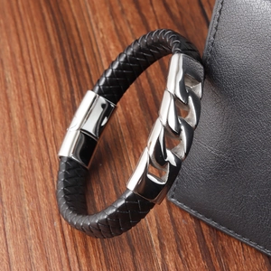 Men's black woven leather bracelet with polished silver totem metal plate and magnetic clasp