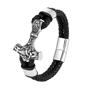 Viking Thor's Hammer Mjölnir braided black leather bracelet for men with silver steel clasp