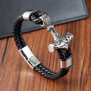 Men's Viking Mjolnir Bracelet Nordic Thor Hammer Pendant Black Braided Leather Wristband Stainless Steel Punk Rock Jewelry