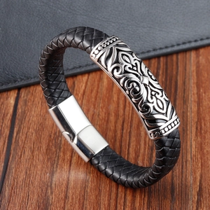 Vintage Braided Leather Bracelet For Men With Stainless Steel Magnetic Clasp Retro Totem Carved Handwoven Wristband Jewelry