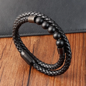 Men's double-layered black braided leather bracelet with natural lava stone beads
