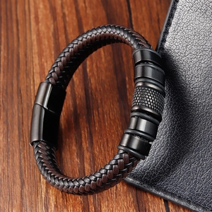 Men Vintage Woven Leather Bracelet Titanium Steel Magnetic Clasp Braided Hand Jewelry Polished Finish Retro Industrial Accessory For Men