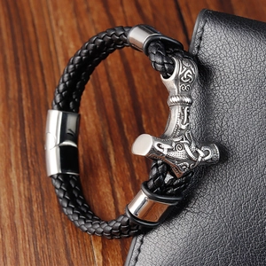 Viking Thor's Hammer Mjölnir bracelet with black braided leather and stainless steel