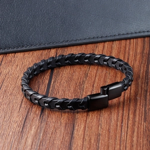Minimalist black braided leather bracelet for men with matte magnetic steel clasp