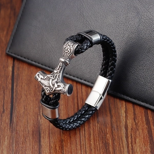 Mens Viking Mjolnir bracelet with black braided leather and silver magnetic clasp