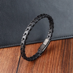 Minimalist black braided leather bracelet for men with dark metal magnetic clasp