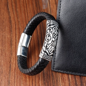 Men's braided black leather bracelet with vintage totem engraved silver magnetic clasp
