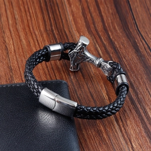 Men's braided black leather Viking bracelet with silver Thor's Hammer Mjölnir charm