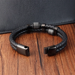 Herren Armband aus schwarzem Leder geflochten mit Edelstahl Magnetverschluss