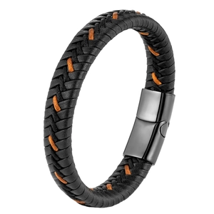 Men's black braided leather bracelet with orange accents and black magnetic clasp