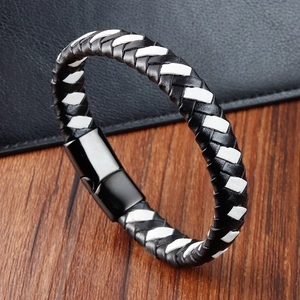 Bracelet minimaliste en cuir tressé noir et blanc pour homme avec fermoir magnétique en métal