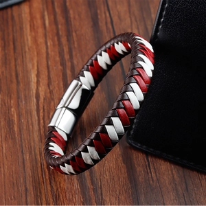 Bracelet tressé en cuir tricolore pour homme avec fermoir magnétique en acier argenté