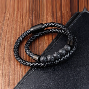 Men's multilayer black braided leather bracelet with natural lava stone beads and magnetic clasp