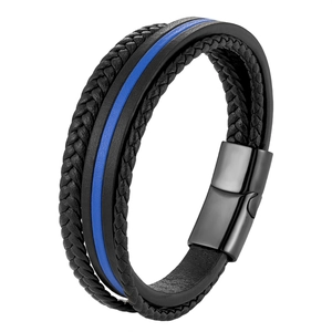 Dreilagiges geflochtenes Lederarmband für Herren mit blauem Akzent und Magnetverschluss