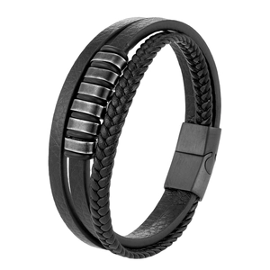 Pulsera multicapa de cuero negro para hombre con anillos de metal cepillado y cierre magnético