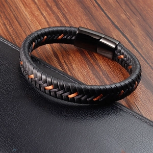 Minimalist black braided leather bracelet for men with brown stitching and magnetic clasp