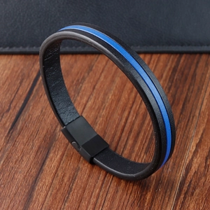 Minimalistisches 316L Edelstahl Leder Webarmband Für Herren Mode Blau Streifen Magnetverschluss Casual Armband Schmuck Zubehör