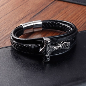 Men's Viking multi-layer braided leather bracelet featuring a silver Thor's Hammer pendant