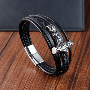 Viking Mjölnir bracelet featuring multilayered black braided leather and magnetic clasp