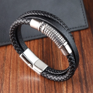 Men's Hip Hop 316L Stainless Steel Multi Layer Braided Leather Bracelet With Magnetic Clasp Punk Business Casual Jewelry