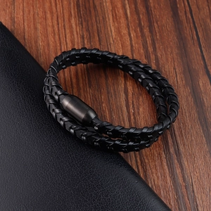 Bracelet double en cuir noir tressé pour homme avec fermoir magnétique noir mat élégant