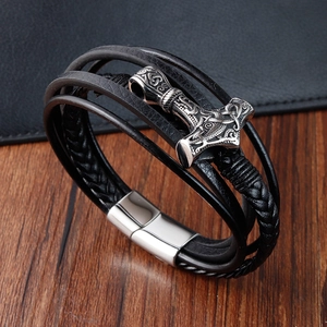 Men's braided leather bracelet with silver Viking Thor's Hammer Mjölnir pendant