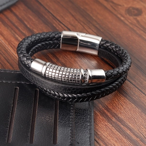 Men's multilayer black braided leather bracelet with silver stainless steel magnetic clasp