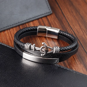 Multilayer black leather anchor bracelet with polished magnetic clasp for men