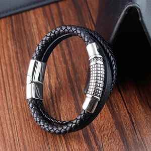Men's multi-layer braided black leather bracelet with stainless steel magnetic clasp