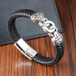 Bracelet en Cuir Tissé Rétro pour Hommes Avec Fermoir Magnétique en Acier Inoxydable 316L Motif Géométrique Embossé