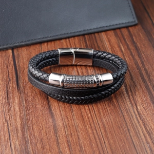 Men's multi-layer black leather bracelet with braided cords and magnetic metal clasp