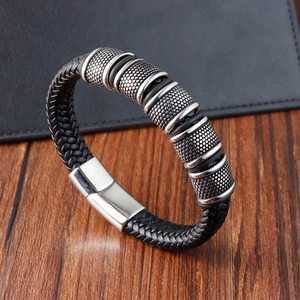 Handcrafted braided black leather bracelet for men with silver stainless steel magnetic clasp