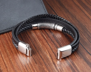Multilayer men's black braided leather bracelet with silver stainless steel magnetic clasp