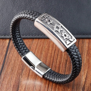 Vintage Men Braided Leather Bracelet Stainless Steel Star Of David Charm Geometric Magnetic Clasp Religious Fashion Jewelry