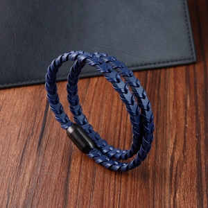 Bracelet double tour en cuir tressé bleu foncé pour homme avec fermoir magnétique noir