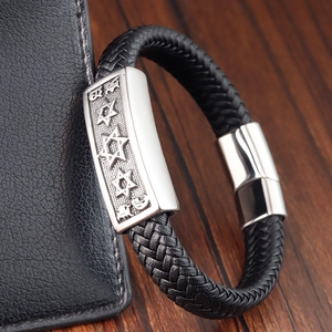 Men's braided leather bracelet with silver magnetic clasp and star pattern plate