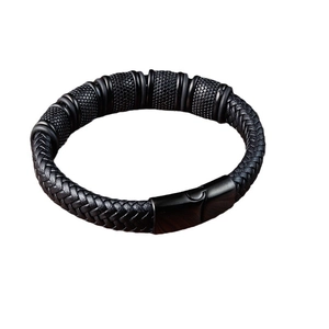 Men's black woven leather bracelet with textured metal beads and magnetic clasp