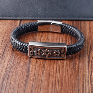 Braided black leather men's bracelet featuring a stainless steel hexagram star charm