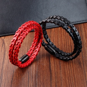 Bracelet en Cuir Tressé pour Hommes en Cuir de Vachette Véritable Bijoux Double Couche Avec Fermoir Magnétique en Acier Inoxydable 316L