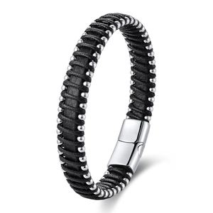Braided black leather bracelet for men with silver beads and magnetic stainless steel clasp