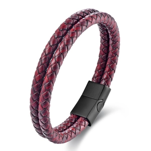 Geflochtenes Leder Armband Für Herren Mit Edelstahl Magnetverschluss Vintage Doppelschichtig Rot Schwarz Schmuck Geschenk