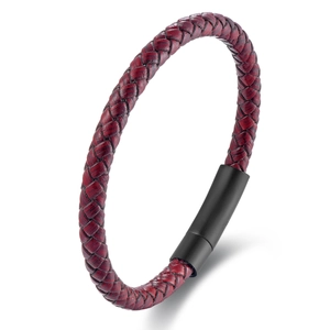 Geflochtenes echtes Lederarmband in Weinrot mit schwarzem mattem Magnetverschluss