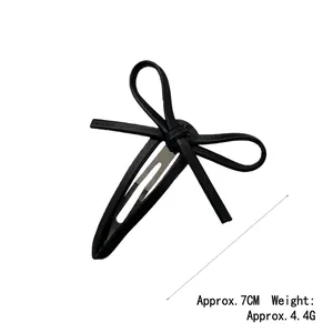 Elegant 7cm black leather bow hair clip with silver metal BB base for women